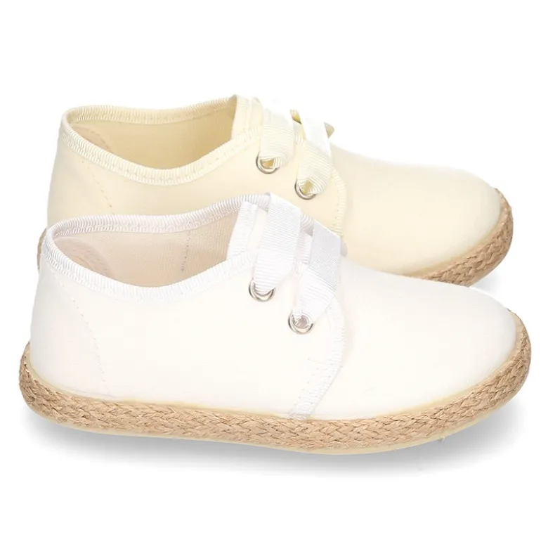 Blucher niño tipo Alpargata lona seda CEREMONIA cordones lazo.