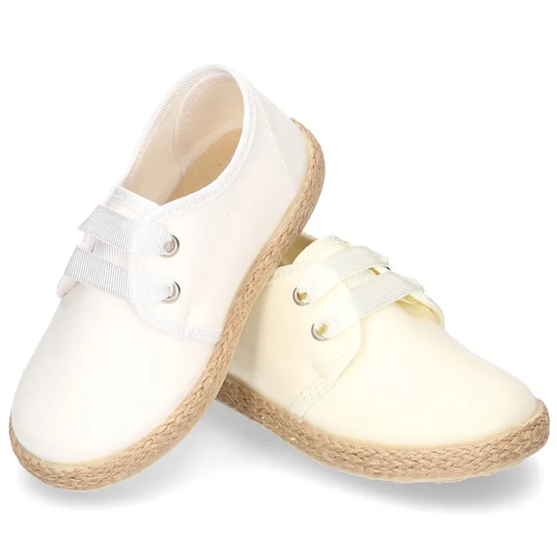 Blucher niño tipo Alpargata lona seda CEREMONIA cordones lazo.