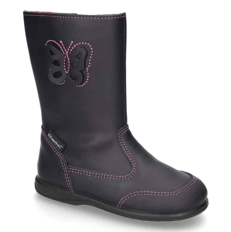 Bota caña alta con MARIPOSA, cremallera y puntera reforzada en piel lavable.