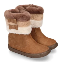 Bota niña CUELLO de PELO con lazos en piel serraje.