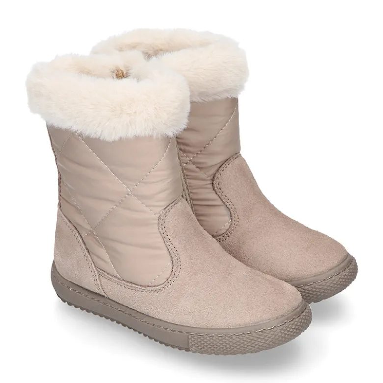 Bota niña cuello de pelo en piel serraje con Nylon.