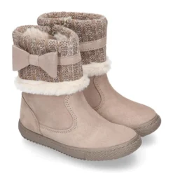 Bota niña CUELLO de punto y pelo con lazo en piel serraje.