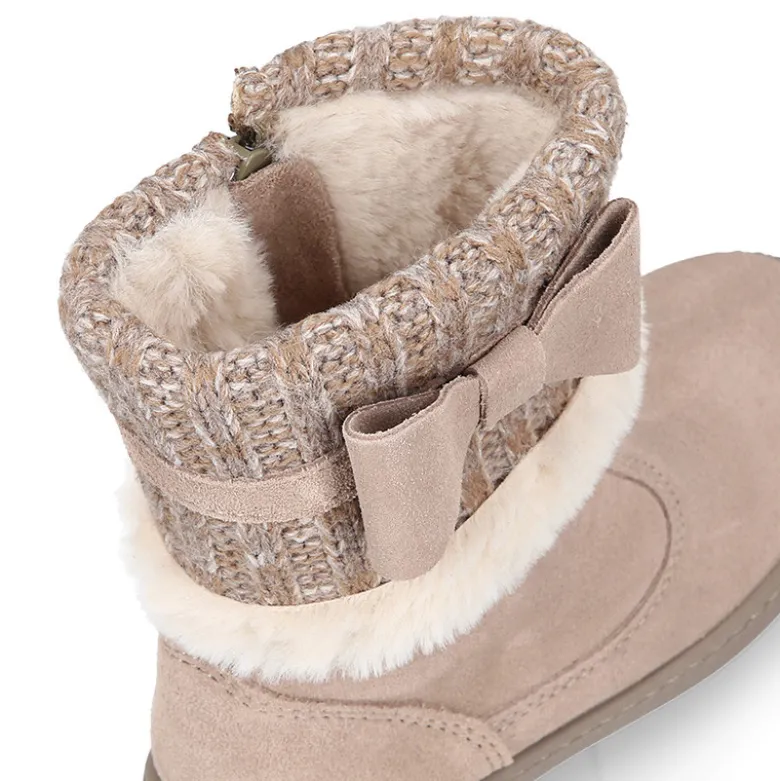 Bota niña CUELLO de punto y pelo con lazo en piel serraje.