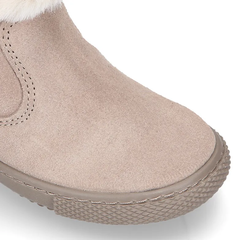 Bota niña CUELLO de punto y pelo con lazo en piel serraje.