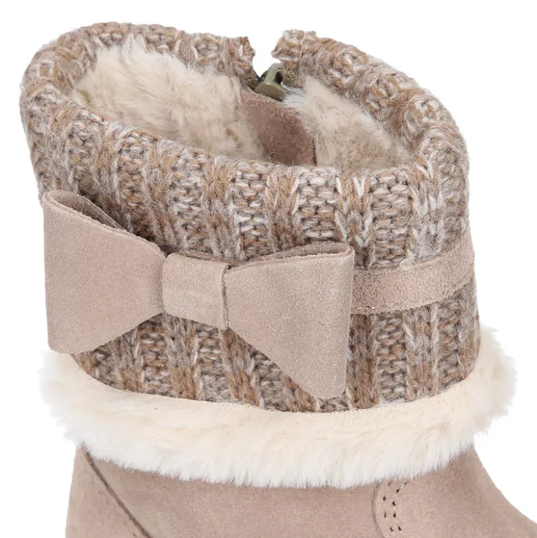 Bota niña CUELLO de punto y pelo con lazo en piel serraje.