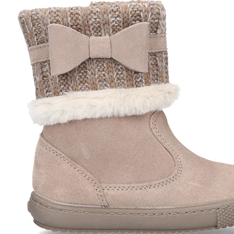 Bota niña CUELLO de punto y pelo con lazo en piel serraje.