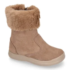 Bota niños con cuello de pelo en piel serraje topo.
