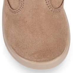 Bota niños con cuello de pelo en piel serraje topo.