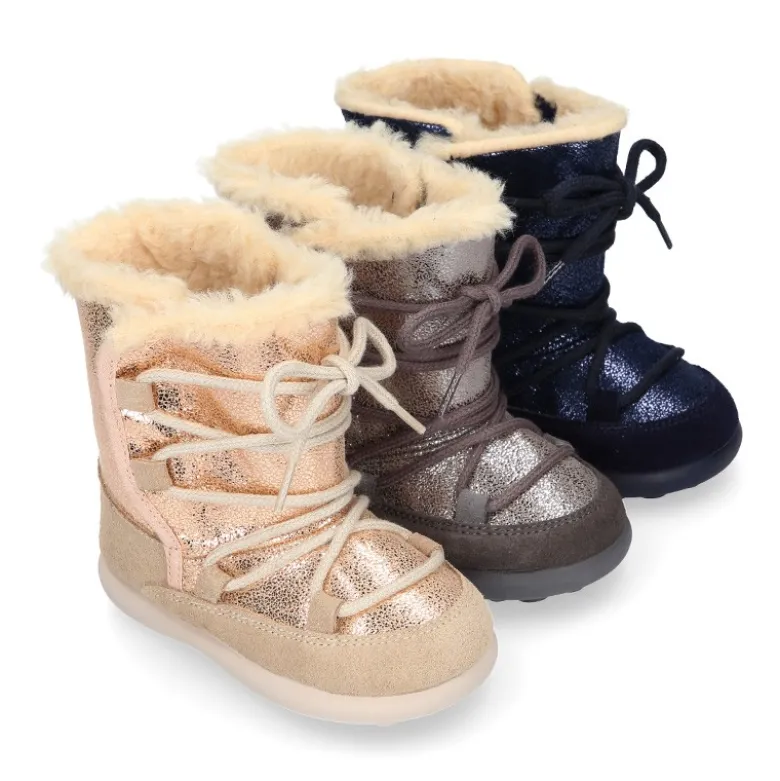 Botas niños tipo ESQUIMAL con cierre adherente y cordones en piel Serraje Combinado.