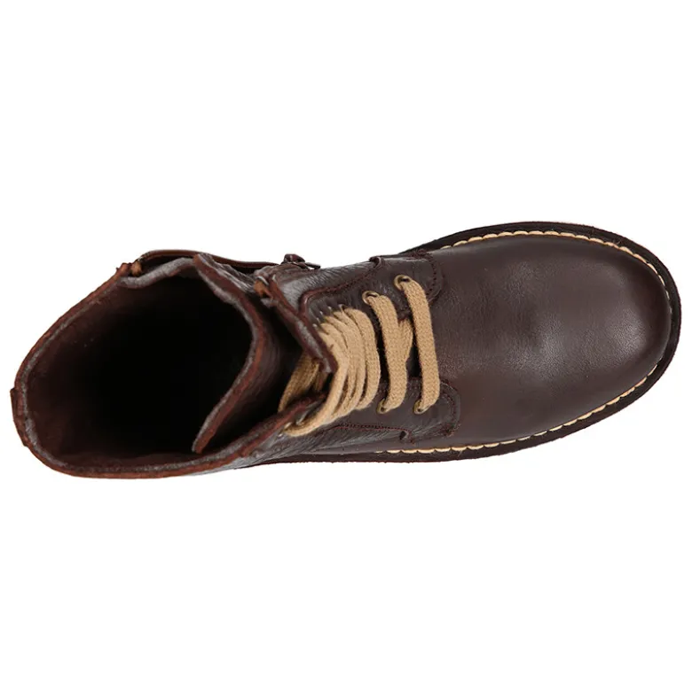 Bota tipo MOTERA niños con cremallera y cordones en piel marrón.