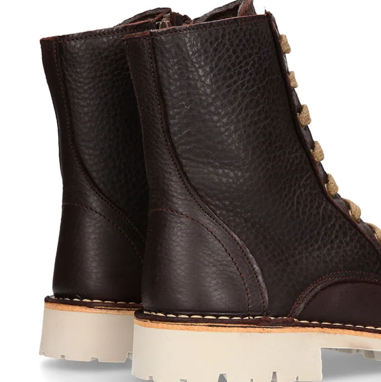 Bota tipo MOTERA niños con cremallera y cordones en piel marrón.