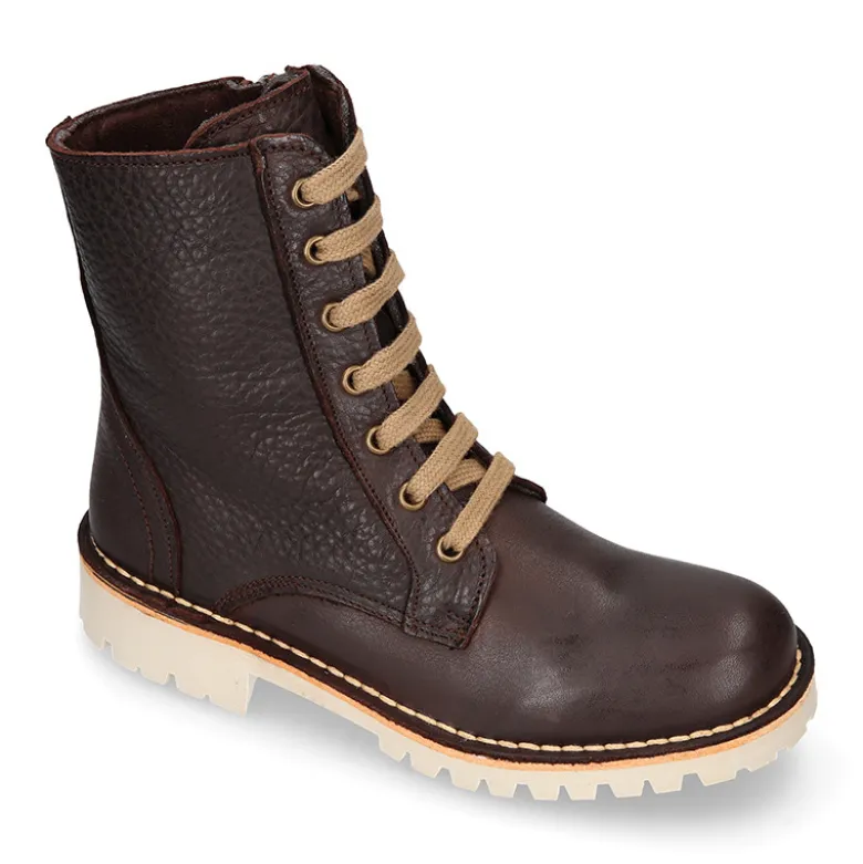 Bota tipo MOTERA niños con cremallera y cordones en piel marrón.