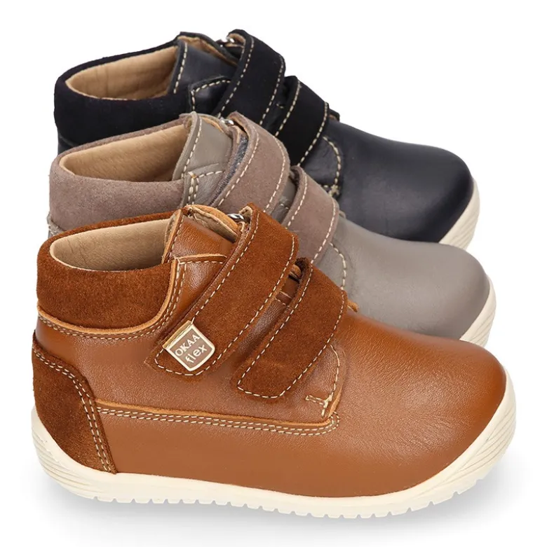 Botita casual respetuosa niños OKAA FLEX sin cordones y puntera en Piel Napa en colores OTOÑALES.