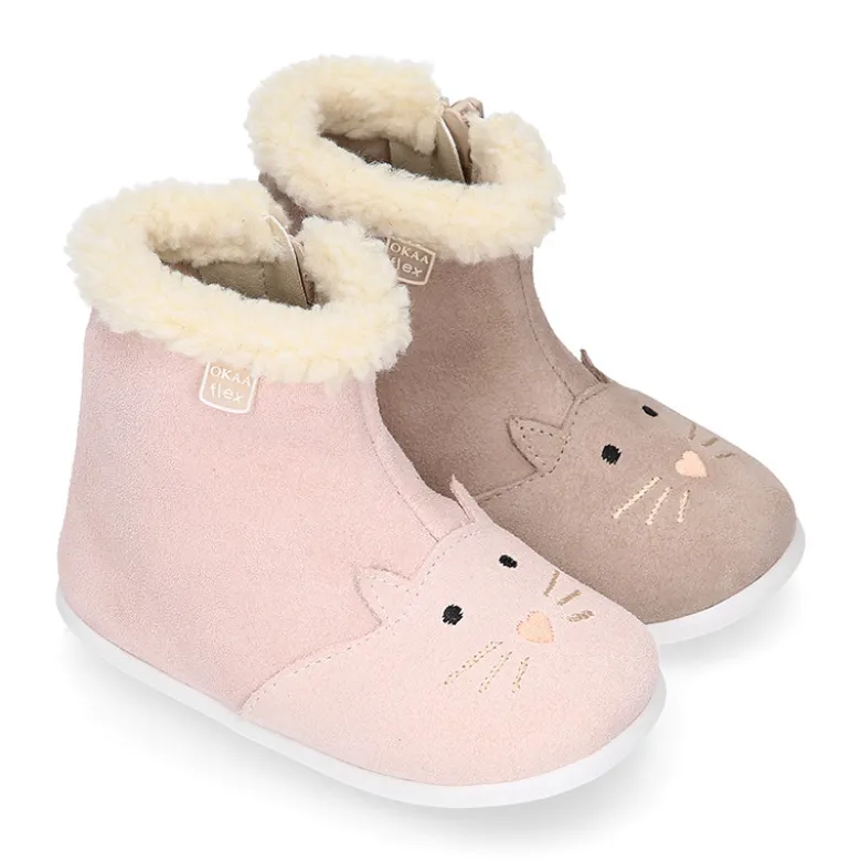 Botita niños respetuosa OKAA FLEX con drop cero y diseño GATITO en piel serraje.