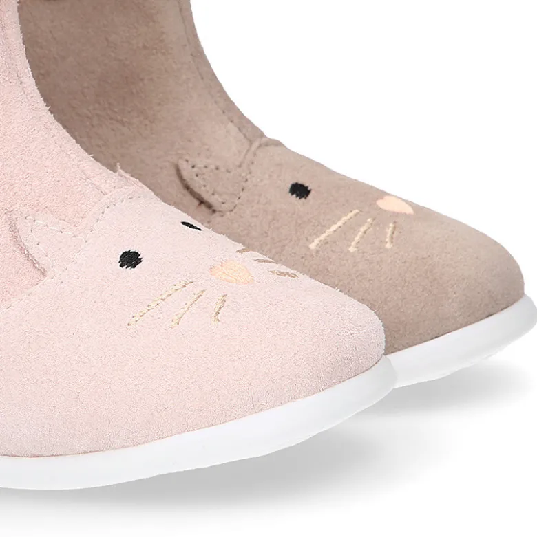 Botita niños respetuosa OKAA FLEX con drop cero y diseño GATITO en piel serraje.
