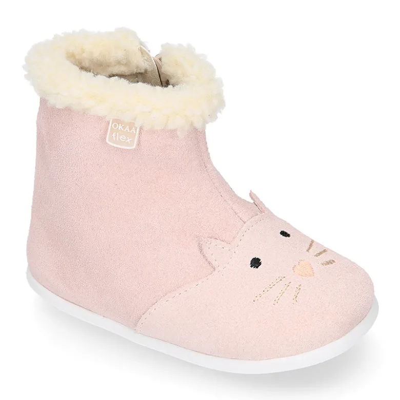 Botita niños respetuosa OKAA FLEX con drop cero y diseño GATITO en piel serraje.