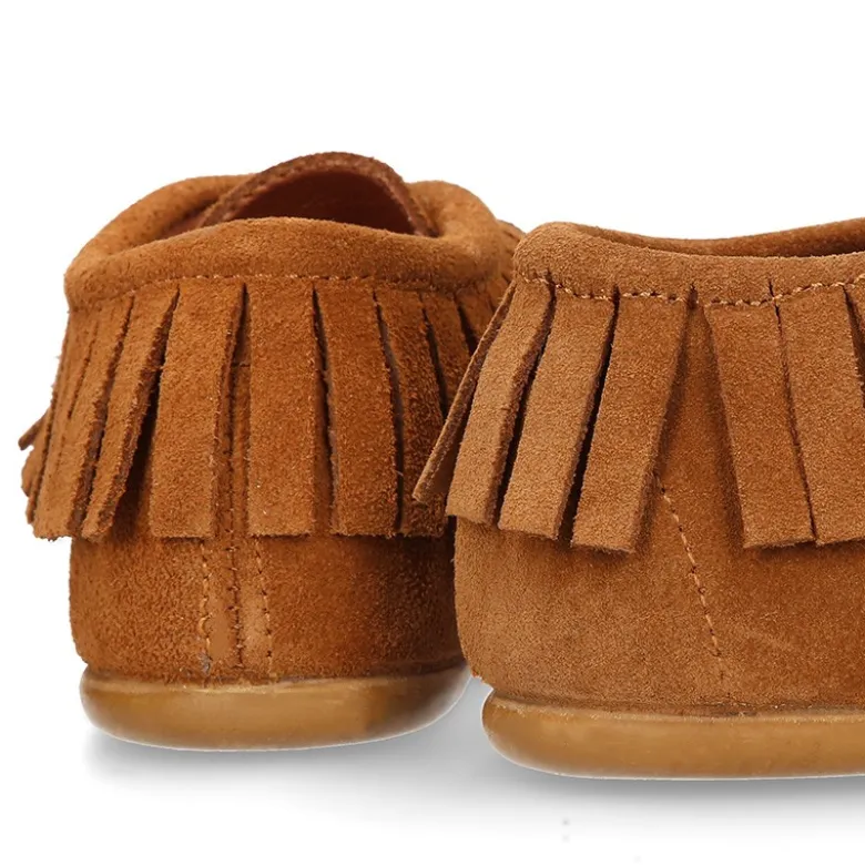 Botita niños tipo INDIA con cordones y flecos en piel serraje CUERO.