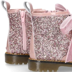 Botita ROCKERA niña lazos terciopelo en piel charol con GLITTER.