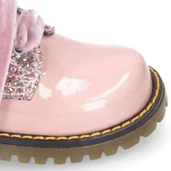 Botita ROCKERA niña lazos terciopelo en piel charol con GLITTER.