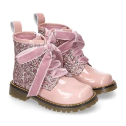 Botita ROCKERA niña lazos terciopelo en piel charol con GLITTER.