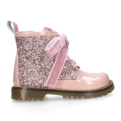 Botita ROCKERA niña lazos terciopelo en piel charol con GLITTER.