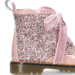 Botita ROCKERA niña lazos terciopelo en piel charol con GLITTER.