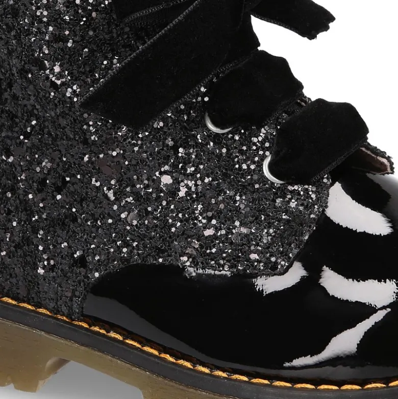 Botita rockera para niña con lazos de terciopelo en piel charol de colores con Glitter