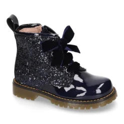 Botita rockera para niña con lazos de terciopelo en piel charol de colores con Glitter