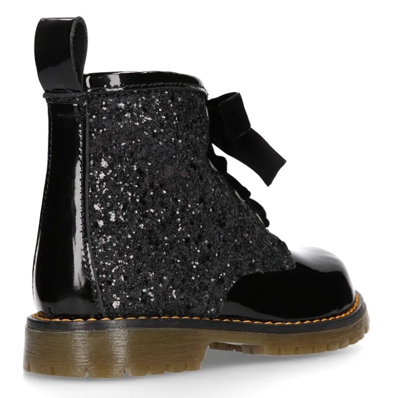 Botita rockera para niña con lazos de terciopelo en piel charol de colores con Glitter