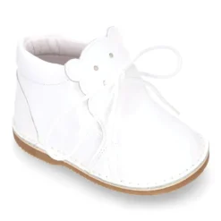 Botita Safari bebé osito con suela SUPER FLEXIBLE en piel charol BLANCO.