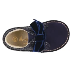 Botita Safari niña en piel serraje con GLITTER y lazos de terciopelo.