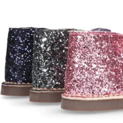 Botita Safari niña en piel serraje con GLITTER y lazos de terciopelo.