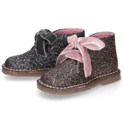 Botita Safari niña lazos GLITTER y lazos de terciopelo.