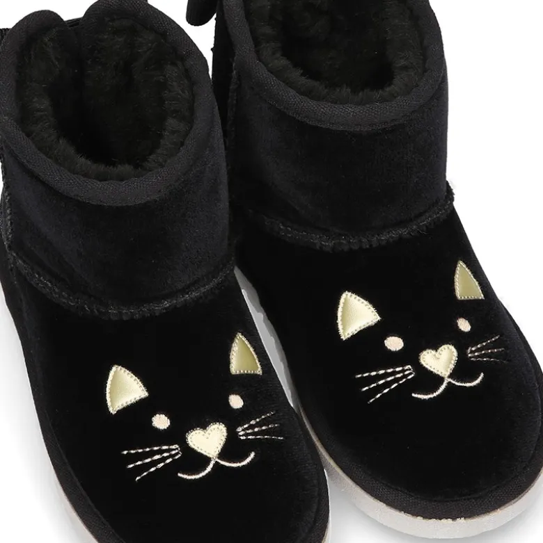 Botitas tipo Australianas niña en terciopelo negro con diseño GATITO.