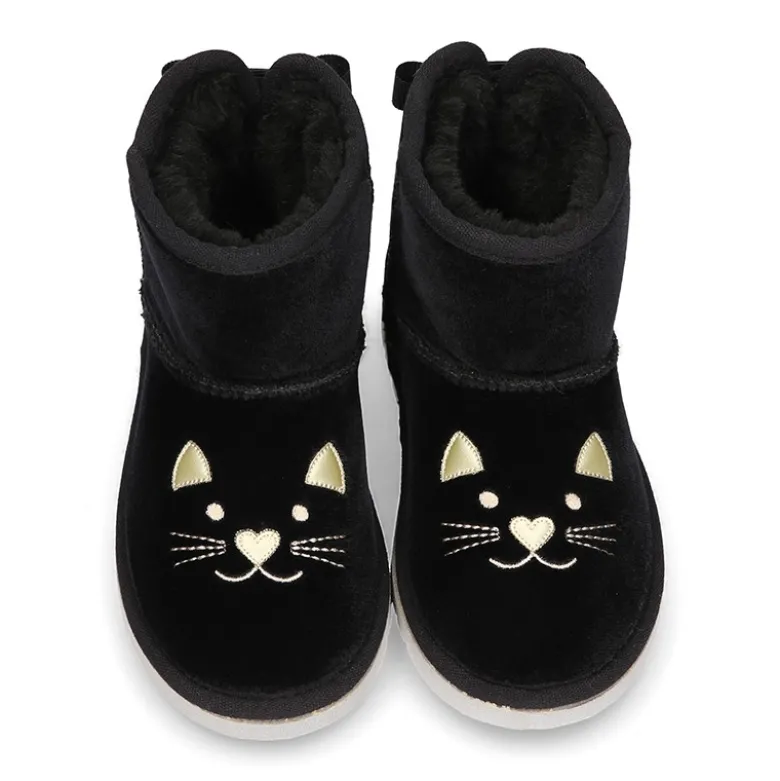 Botitas tipo Australianas niña en terciopelo negro con diseño GATITO.