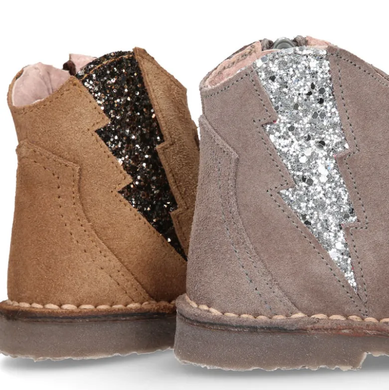 Botín niña con elástico RAYO en GLITTER y cremallera en piel serraje.
