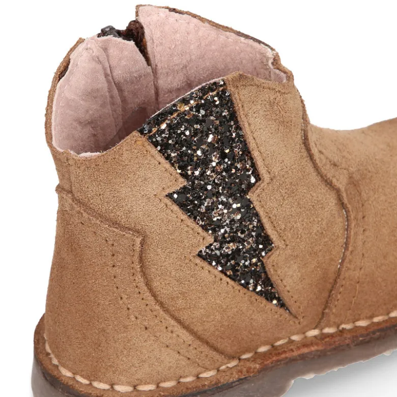 Botín niña con elástico RAYO en GLITTER y cremallera en piel serraje.