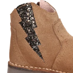 Botín niña con elástico RAYO en GLITTER y cremallera en piel serraje.