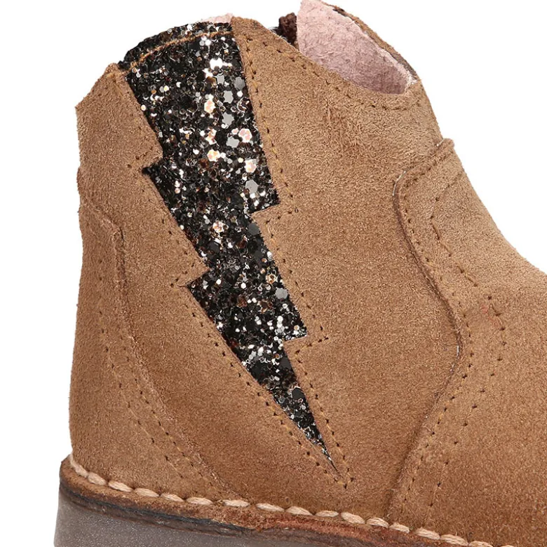 Botín niña con elástico RAYO en GLITTER y cremallera en piel serraje.