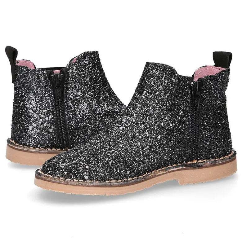 Botín niña con elástico y cremallera en piel GLITTER NEGRO.