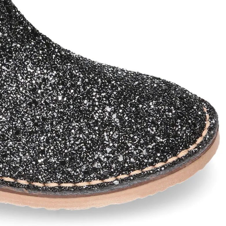 Botín niña con elástico y cremallera en piel GLITTER NEGRO.