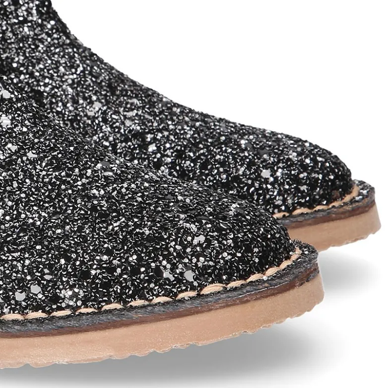 Botín niña con elástico y cremallera en piel GLITTER NEGRO.