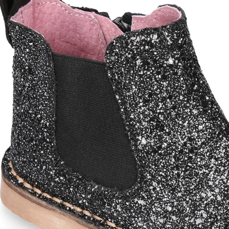 Botín niña con elástico y cremallera en piel GLITTER NEGRO.