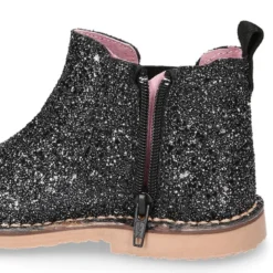 Botín niña con elástico y cremallera en piel GLITTER NEGRO.