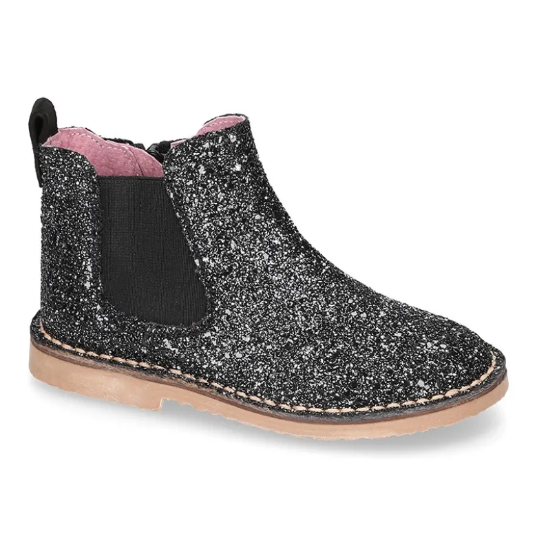 Botín niña con elástico y cremallera en piel GLITTER NEGRO.