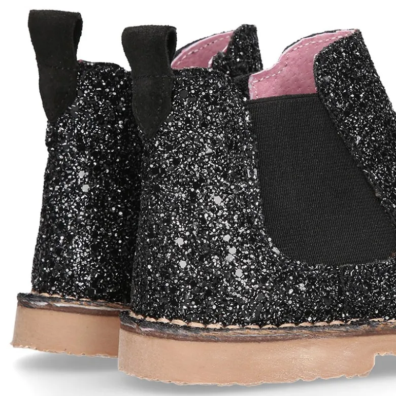 Botín niña con elástico y cremallera en piel GLITTER NEGRO.