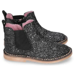 Botín niña con elástico y cremallera en piel GLITTER NEGRO.