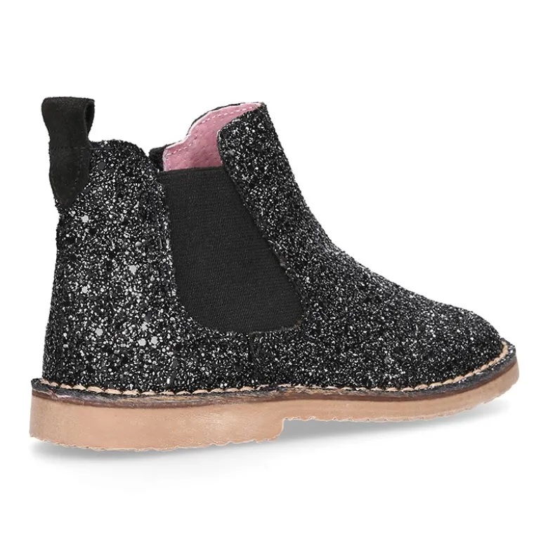 Botín niña con elástico y cremallera en piel GLITTER NEGRO.