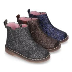 Botín niña con elástico y cremallera en piel GLITTER.