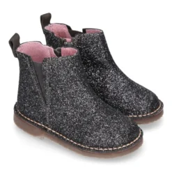 Botín niña con elástico y cremallera en piel GLITTER.